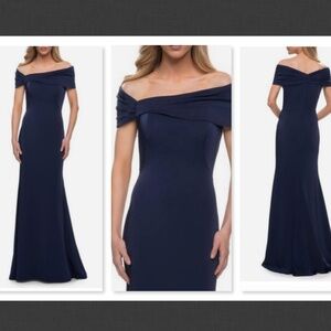 NEW  $389 La Femme Simply Chic Off the Shoulder Jersey Gown Size 14